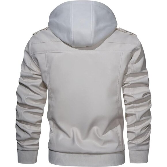 🆕 Hood Crew PU Faux Leather Zipper Jacket Men White Stand Collar Bomber Hood - Picture 3 of 6